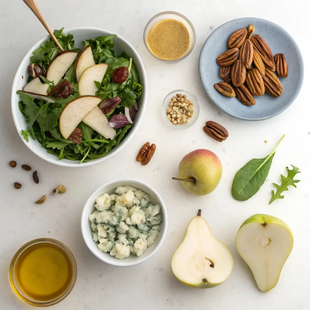 Overhead flat lay of fresh ingredients for pear gorgonzola salad