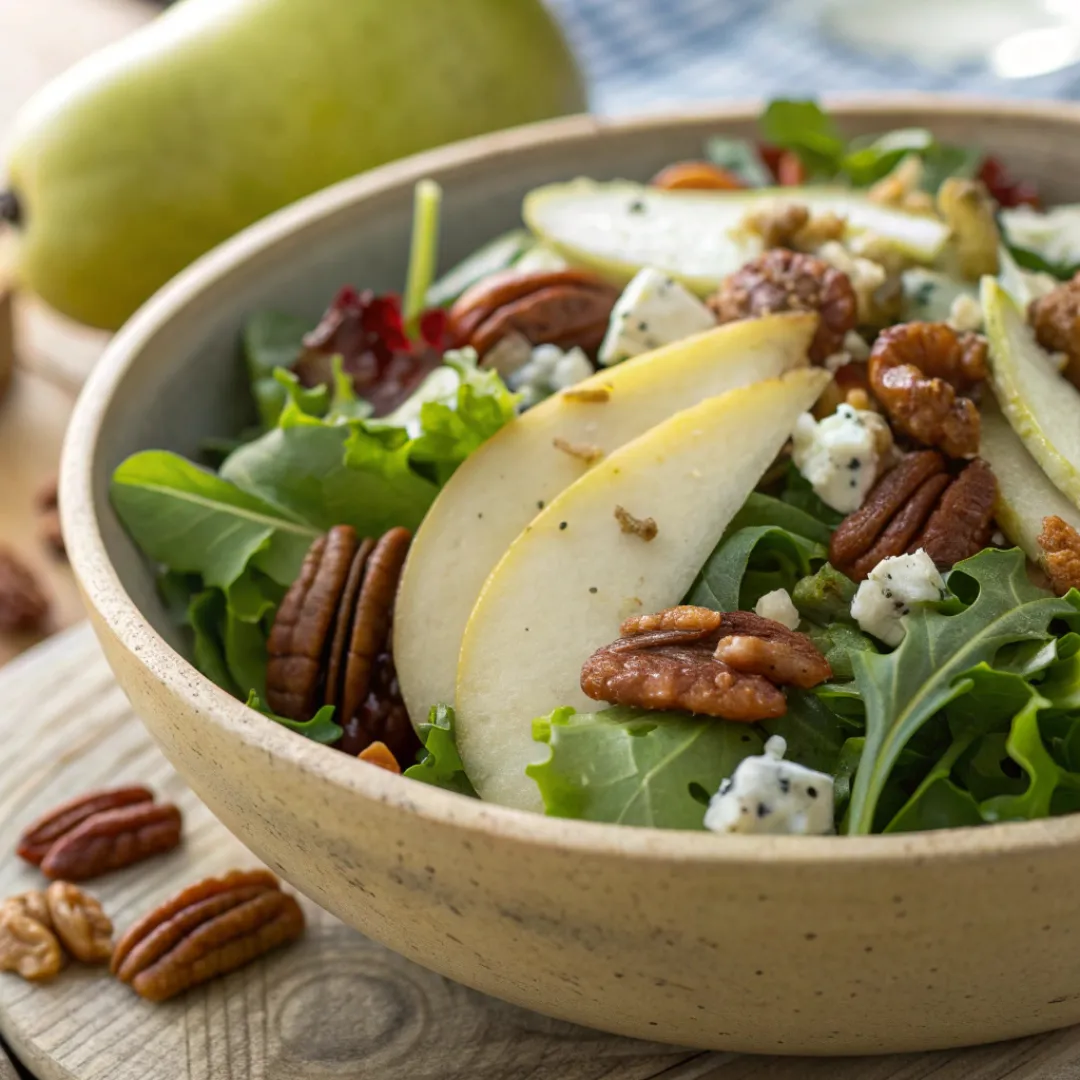 Fresh pear gorgonzola salad with candied pecans and vinaigrette