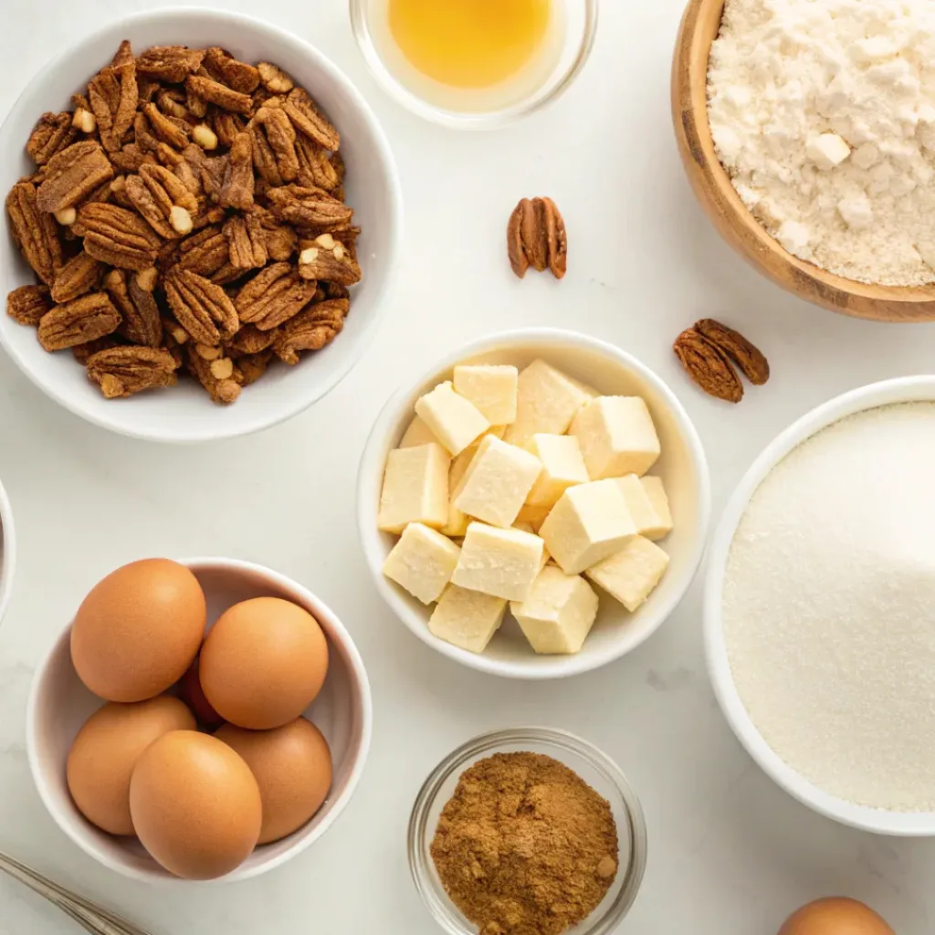 Flat lay of pecans, sugar, butter, caramel, and dough for Pecan Pie Balls