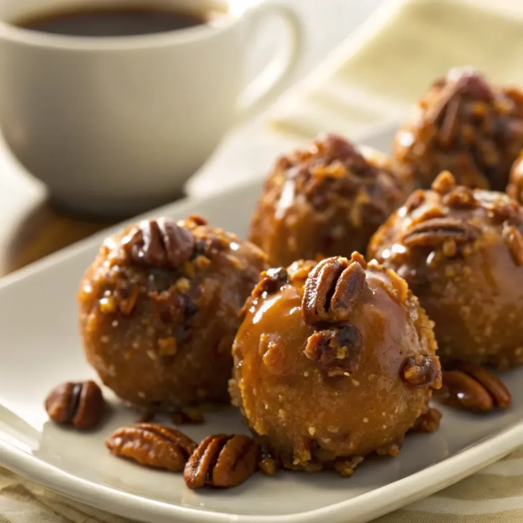 Plate of Pecan Pie Balls served with coffee or tea