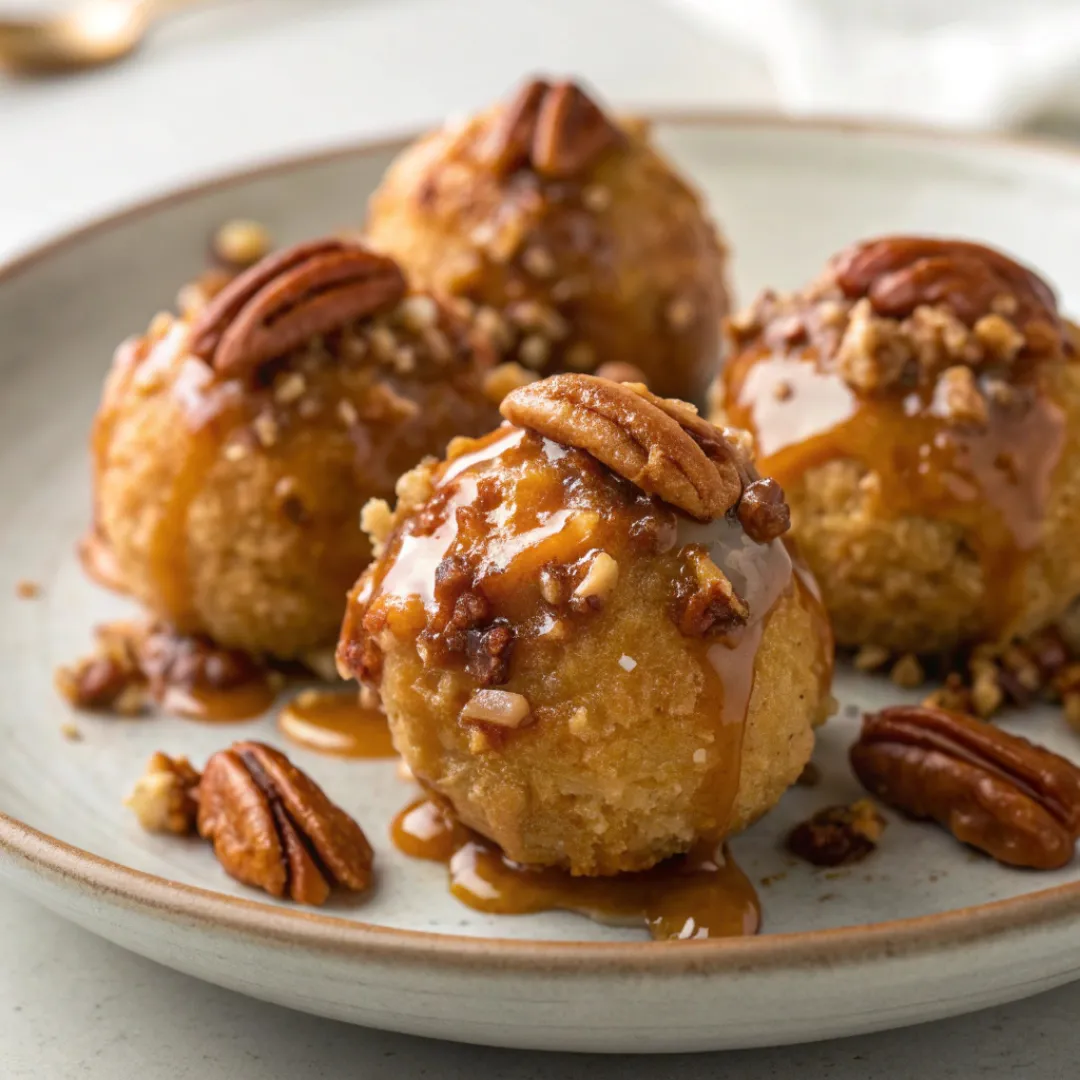Plate of bite-sized Pecan Pie Balls with caramel drizzle