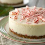 Slice of Peppermint Cheesecake with crushed candy canes on top