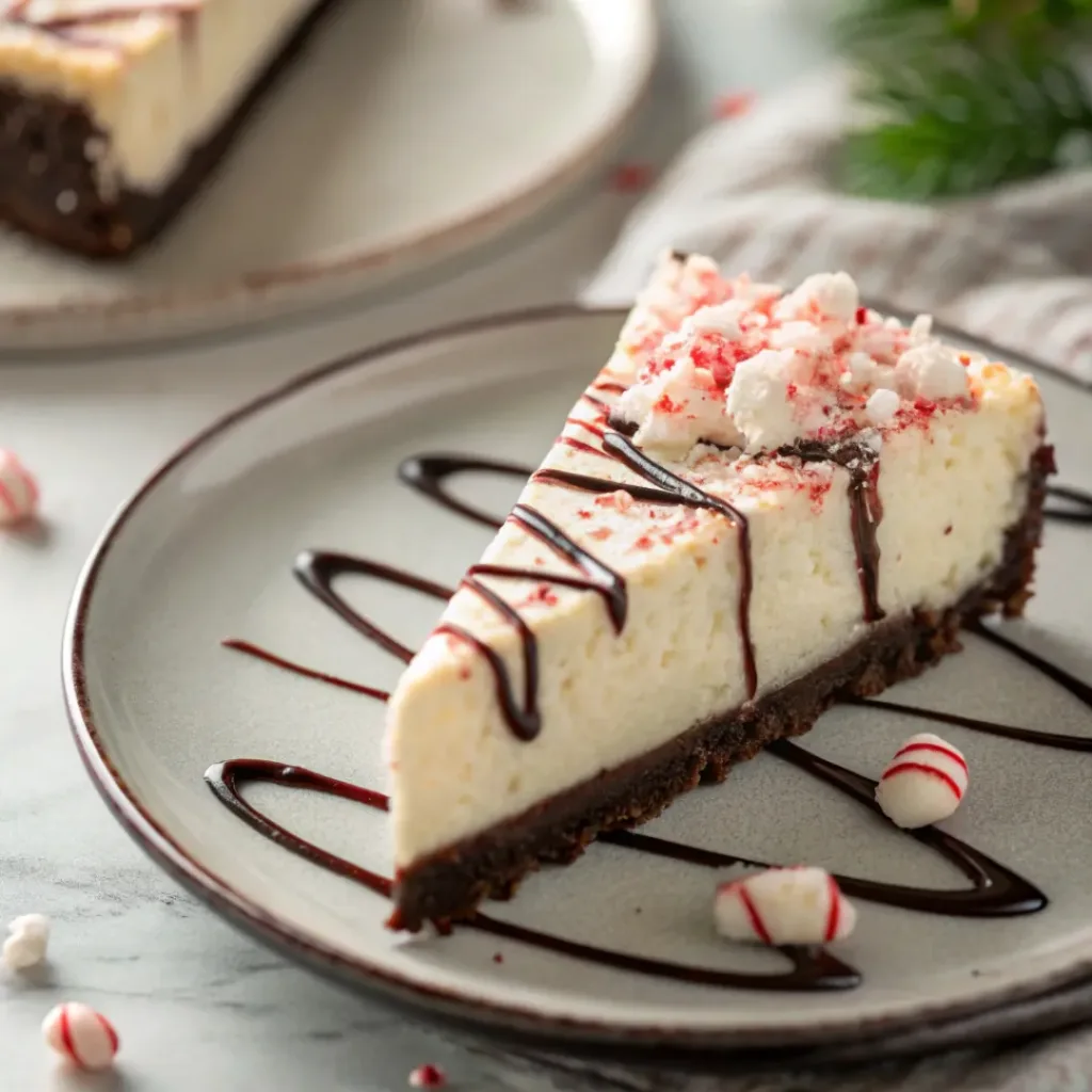 Slice of Peppermint Cheesecake served with a candy cane and chocolate drizzle