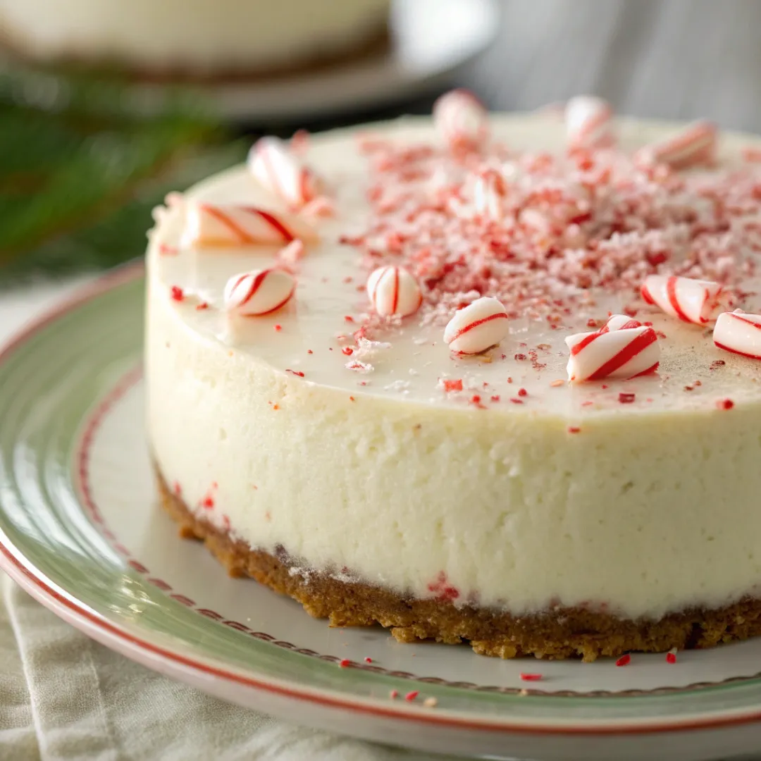 Slice of Peppermint Cheesecake with crushed candy canes on top