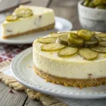 creamy pickle cheesecake with pickle garnish