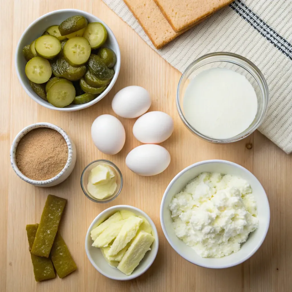 Tangy Pickle Cheesecake 6 Overhead flat lay of ingredients for pickle cheesecake