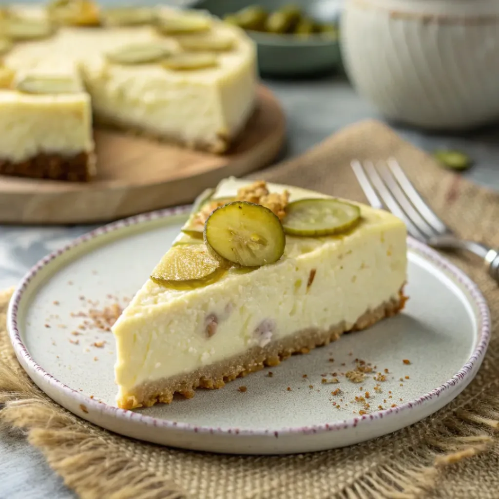 Tangy Pickle Cheesecake 8 Plated slice of pickle cheesecake with garnish