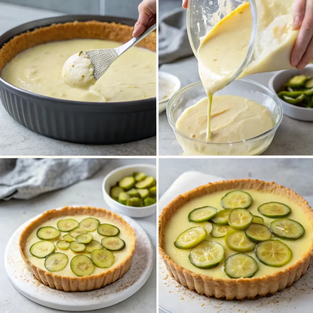 Tangy Pickle Cheesecake 7 Step-by-step collage of making pickle cheesecake