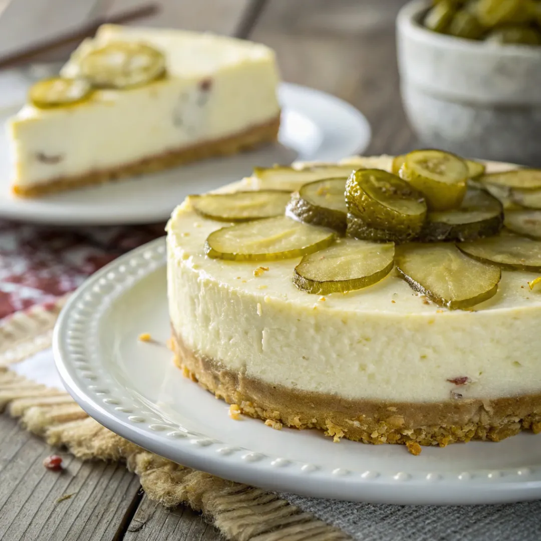 creamy pickle cheesecake with pickle garnish