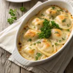 Baked Pierogi Casserole in a creamy cheese sauce topped with parsley