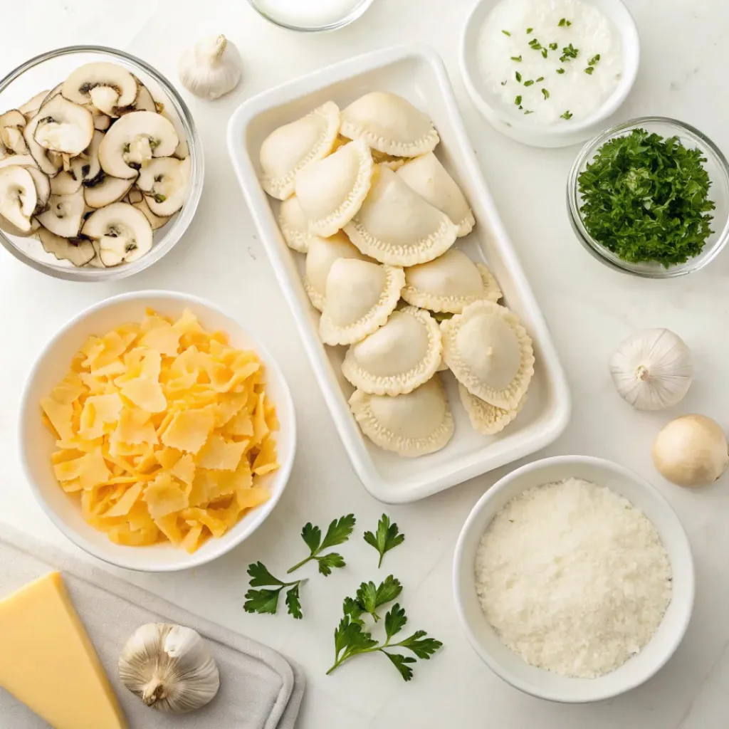 Flat lay of pierogi casserole ingredients including frozen pierogies, onions, mushrooms, sour cream, shredded cheese, garlic, and seasoning