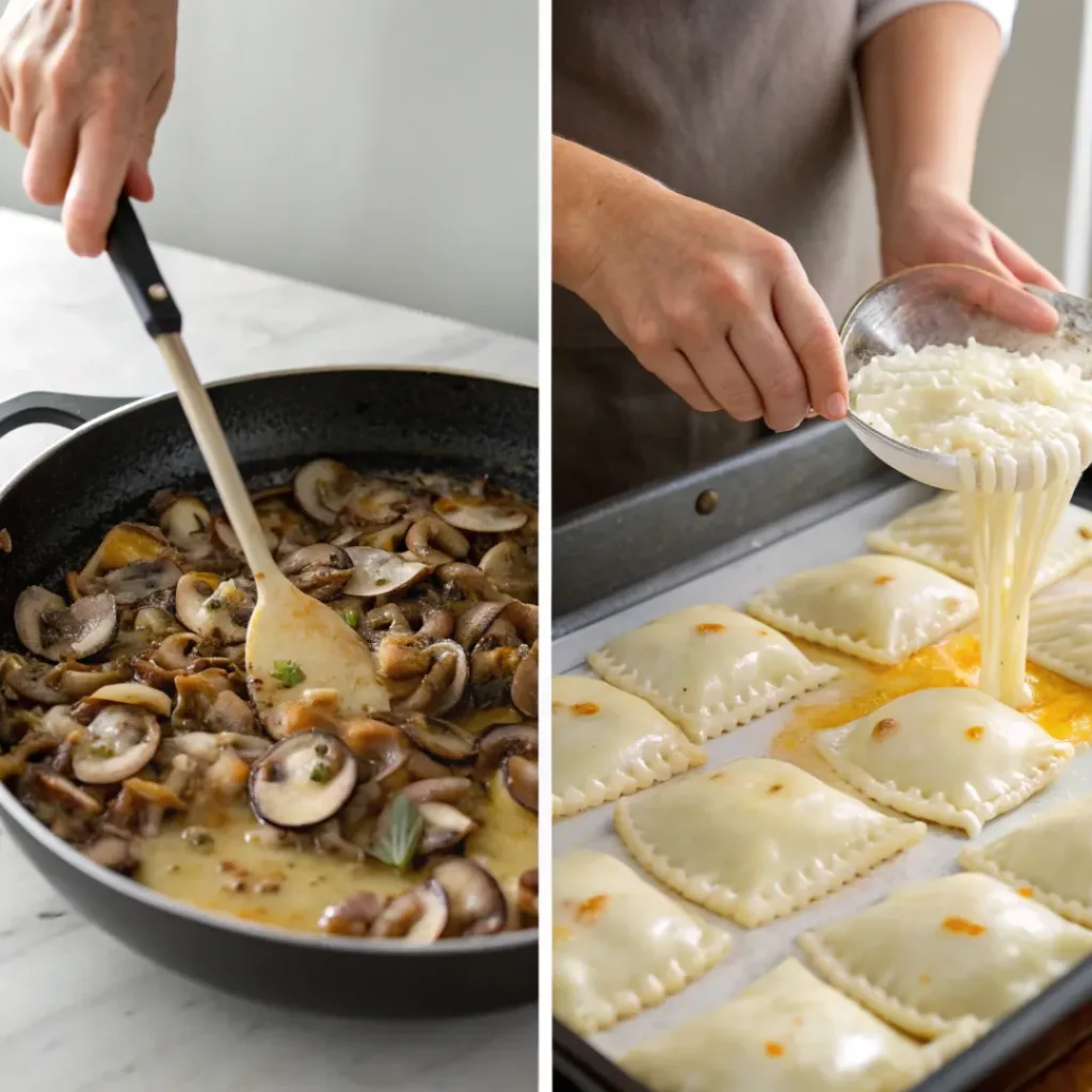 Collage showing steps for assembling and baking pierogi casserole
