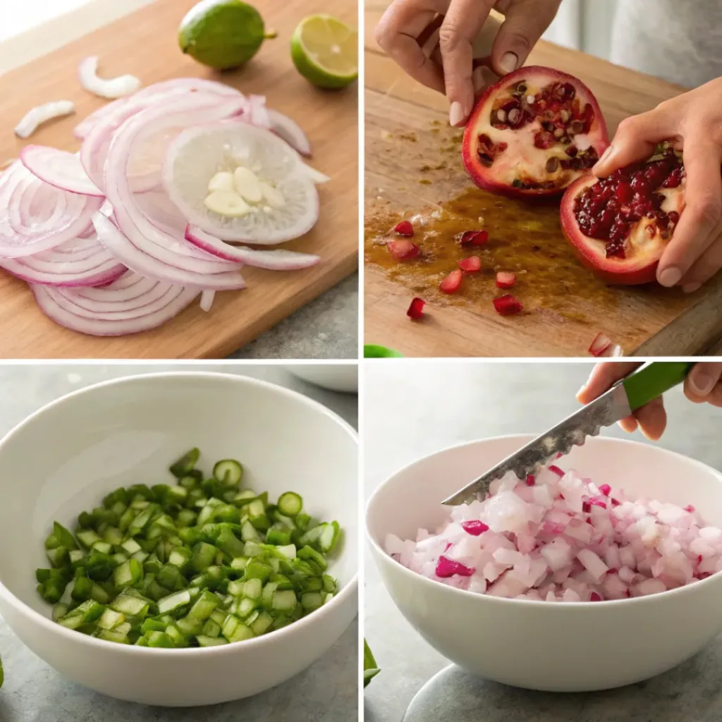 Fresh Pomegranate Salsa 7 Step-by-step collage showing preparation of pomegranate salsa