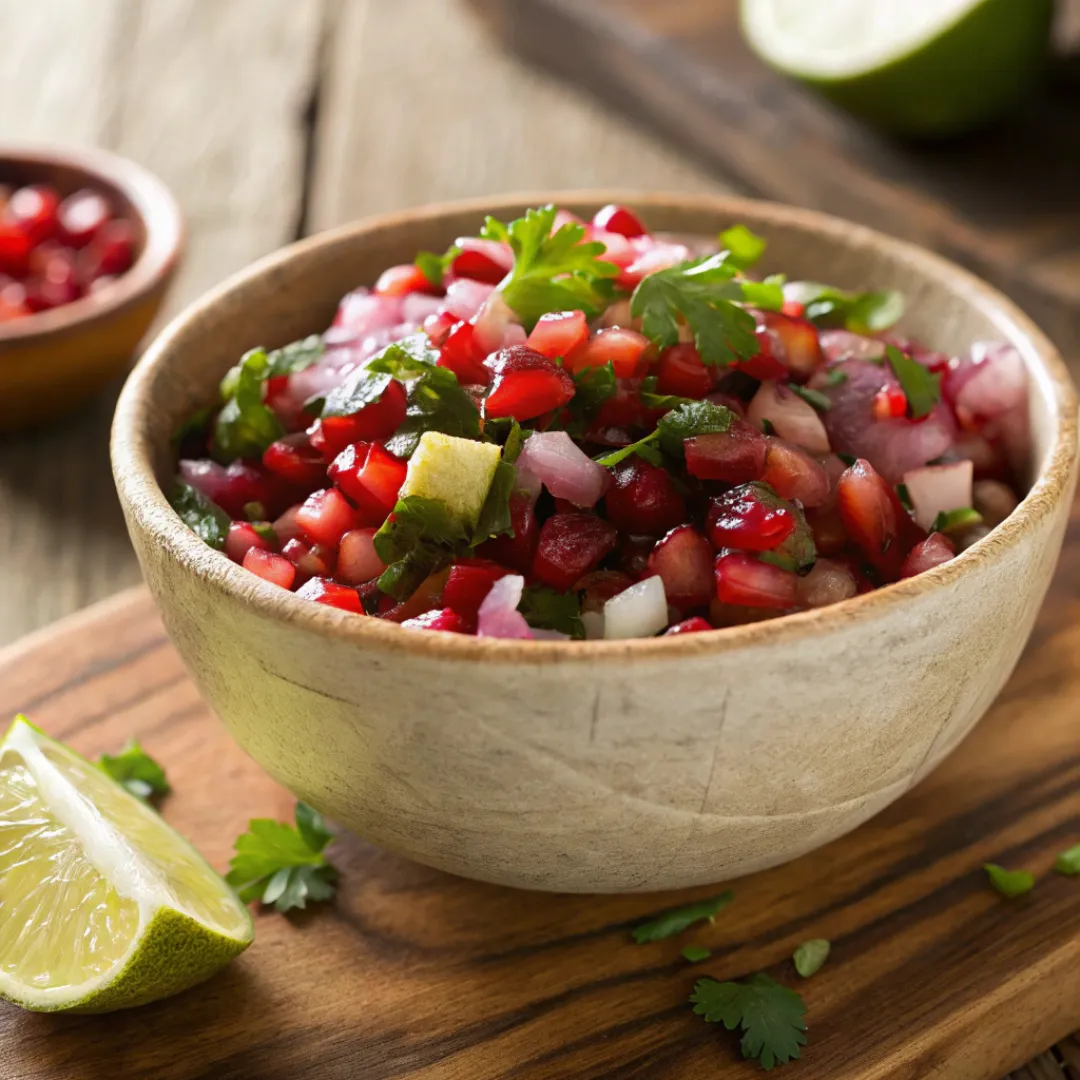 Bowl of fresh pomegranate salsa with herbs and lime