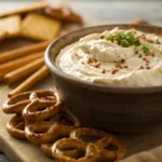 Bowl of creamy Pretzel Dip served with soft pretzels