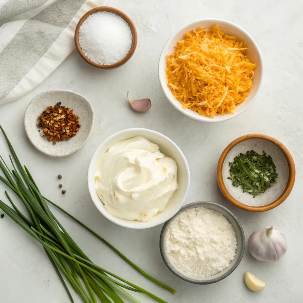 Flat lay of ingredients including cream cheese, sour cream, cheddar, garlic, and seasonings