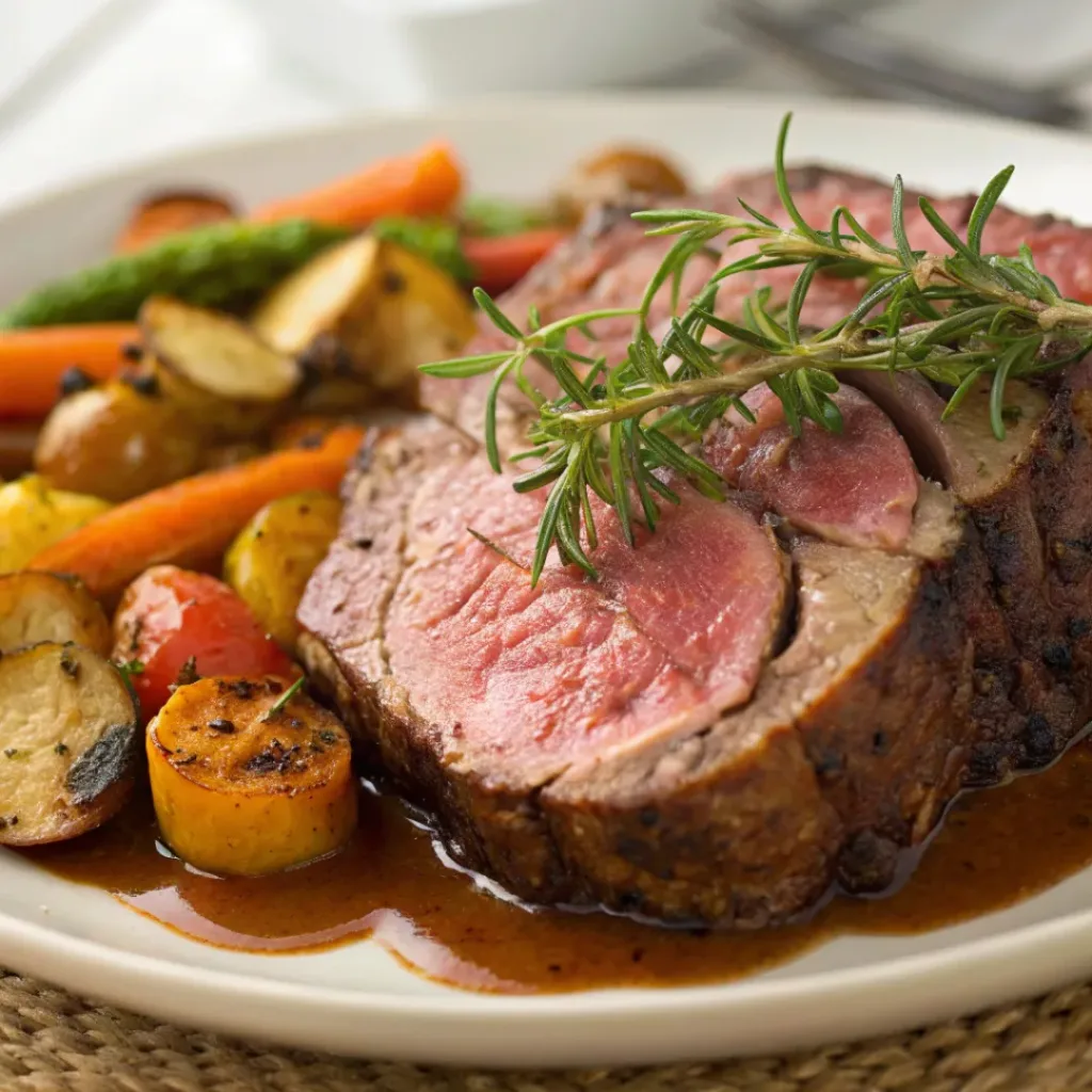 Prime rib roast served with roasted vegetables and au jus
