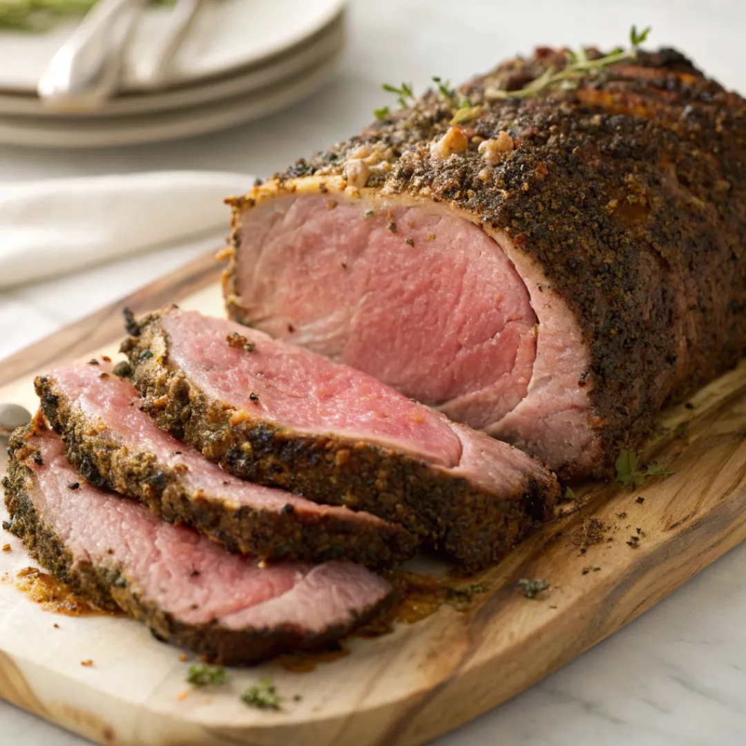 Sliced prime rib roast with a golden crust