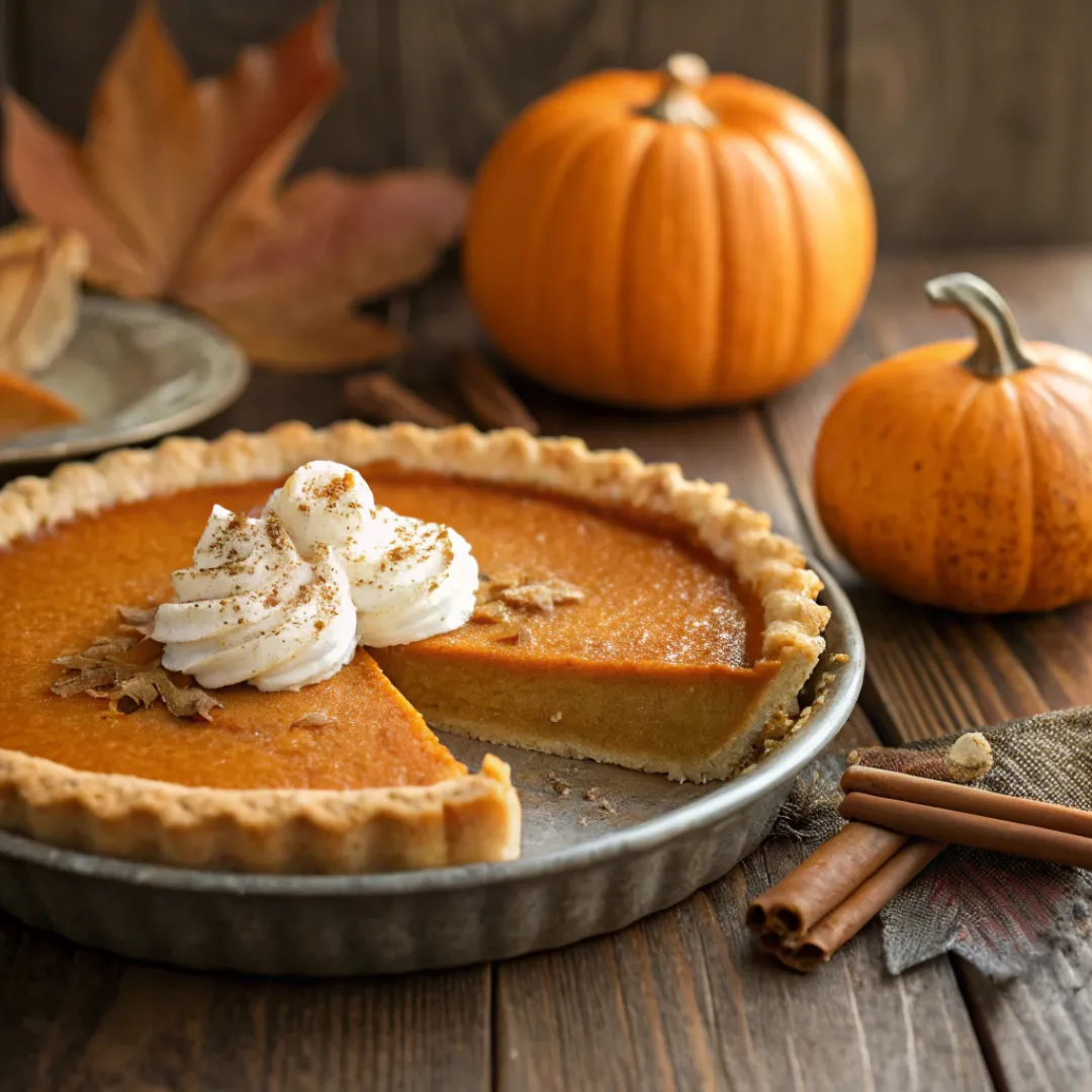 Classic pumpkin pie with whipped cream on top