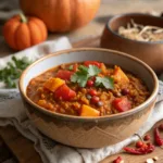 Pumpkin red lentil chili served in a bowl with cilantro garnish