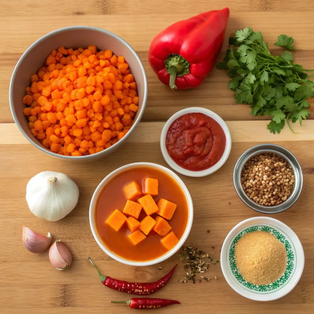 Flat lay of ingredients for pumpkin red lentil chili