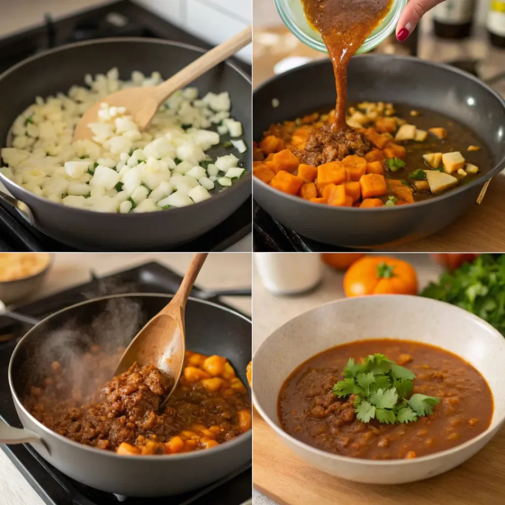 Step-by-step collage showing preparation of pumpkin red lentil chili