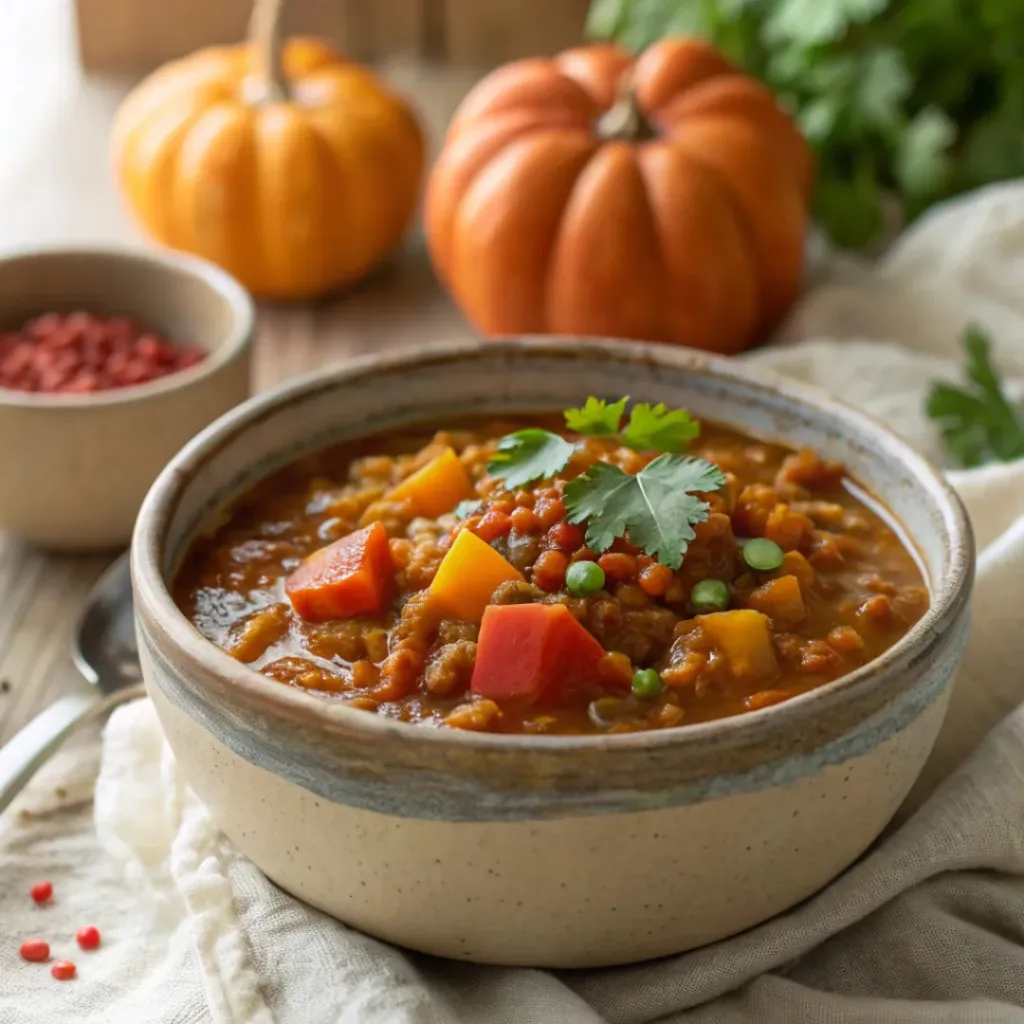 Bowl of pumpkin red lentil chili garnished with cilantro and pumpkin seeds