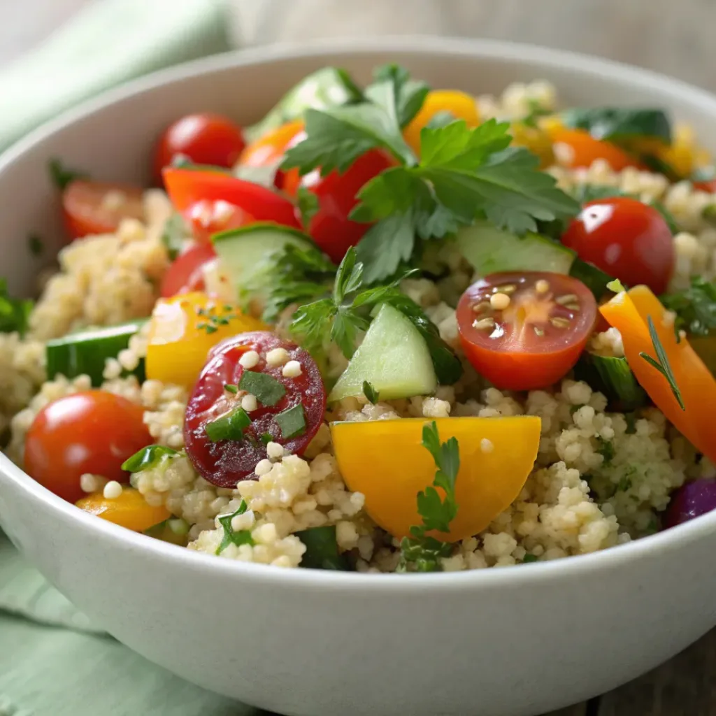Bowl of quinoa salad with vegetables and herbs