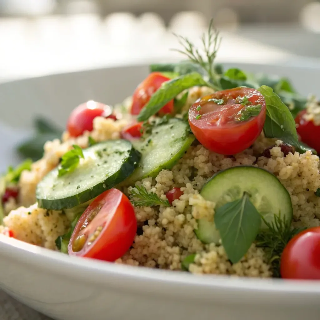 Mediterranean Quinoa Salad 8 Quinoa salad served in a bowl with lemon wedges