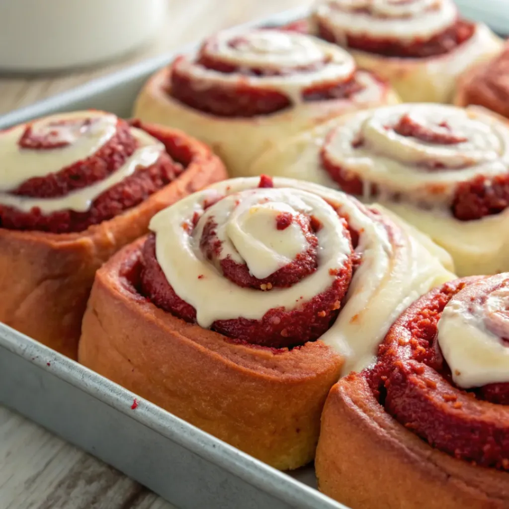 Red velvet cinnamon rolls with cream cheese frosting