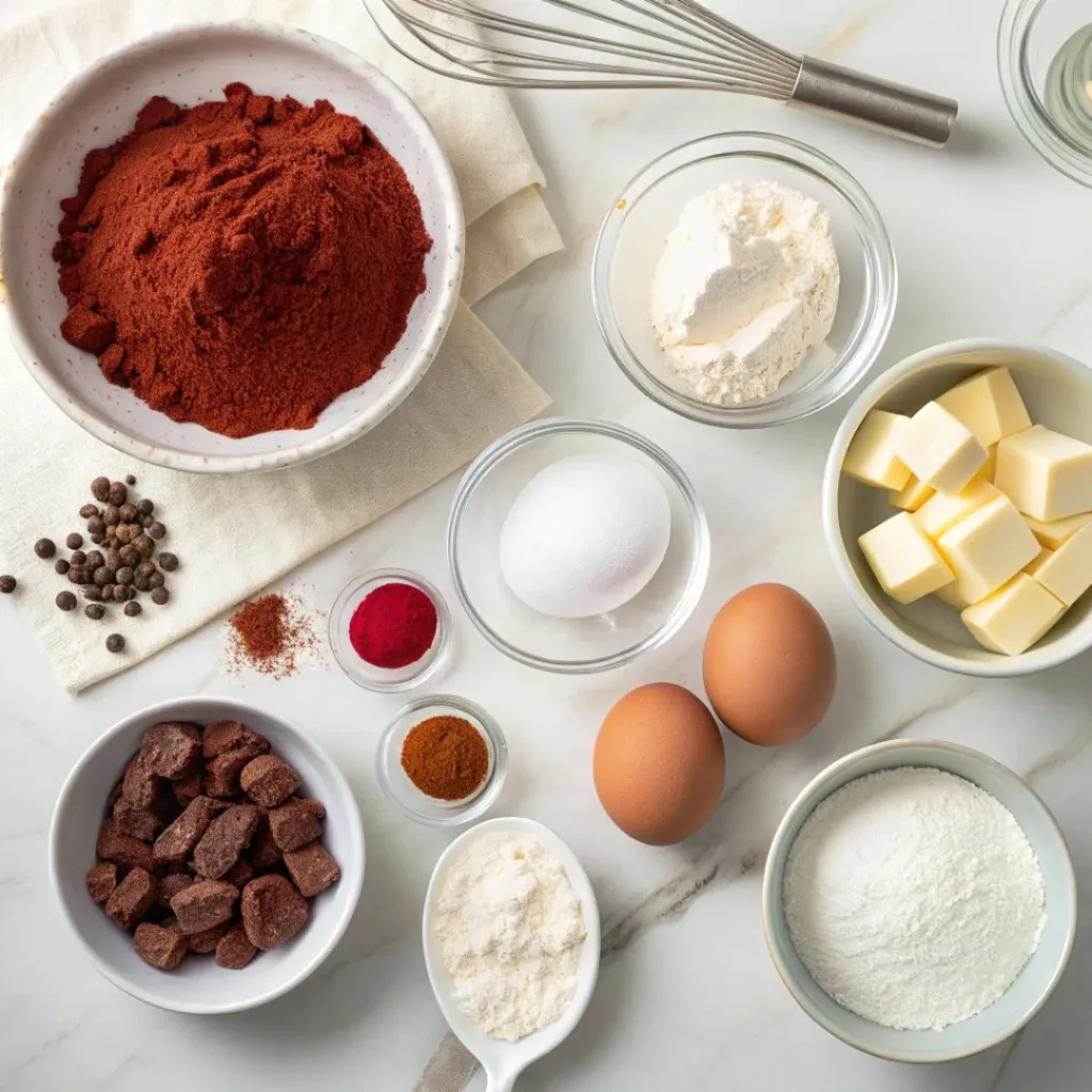 Flat lay of red velvet dough, sugar, cocoa, and cream cheese