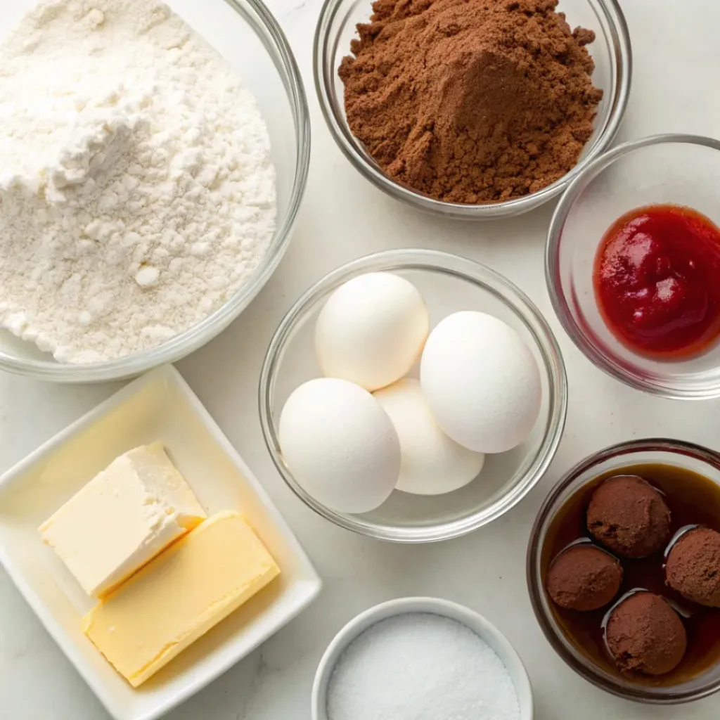 Flat lay of flour, cocoa, sugar, eggs, butter, and red food coloring