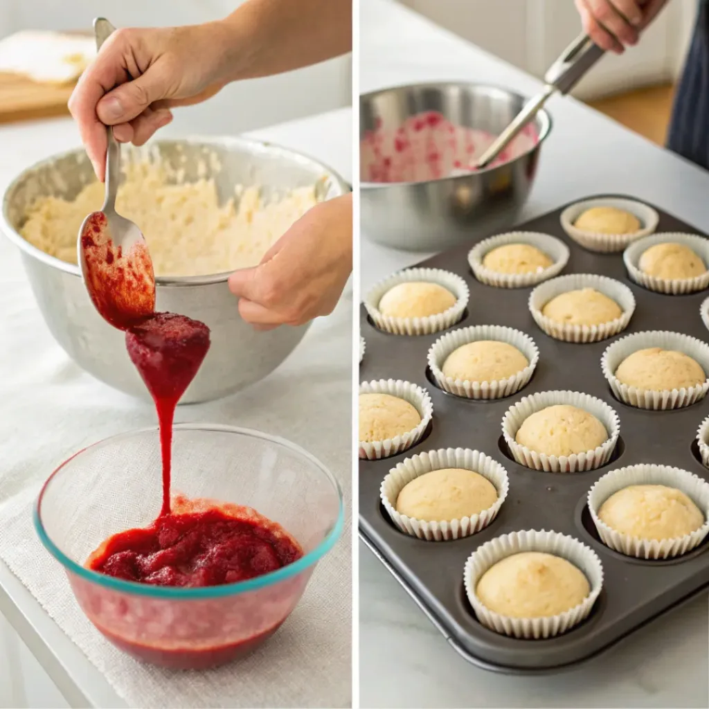 Collage showing steps to make Red Velvet Cupcakes
