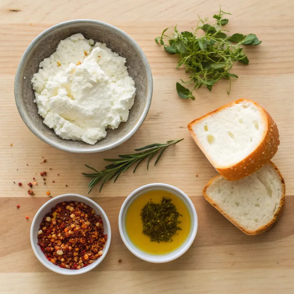 Flat lay of ricotta, honey, chili flakes, herbs, and bread slices