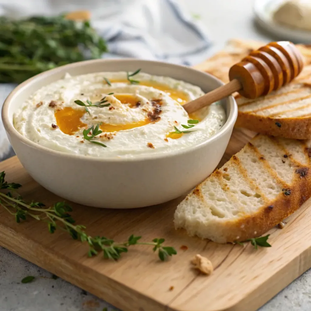 Bowl of ricotta dip drizzled with hot honey and served with toasted bread slices