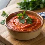 Smooth roasted red pepper sauce in a rustic bowl