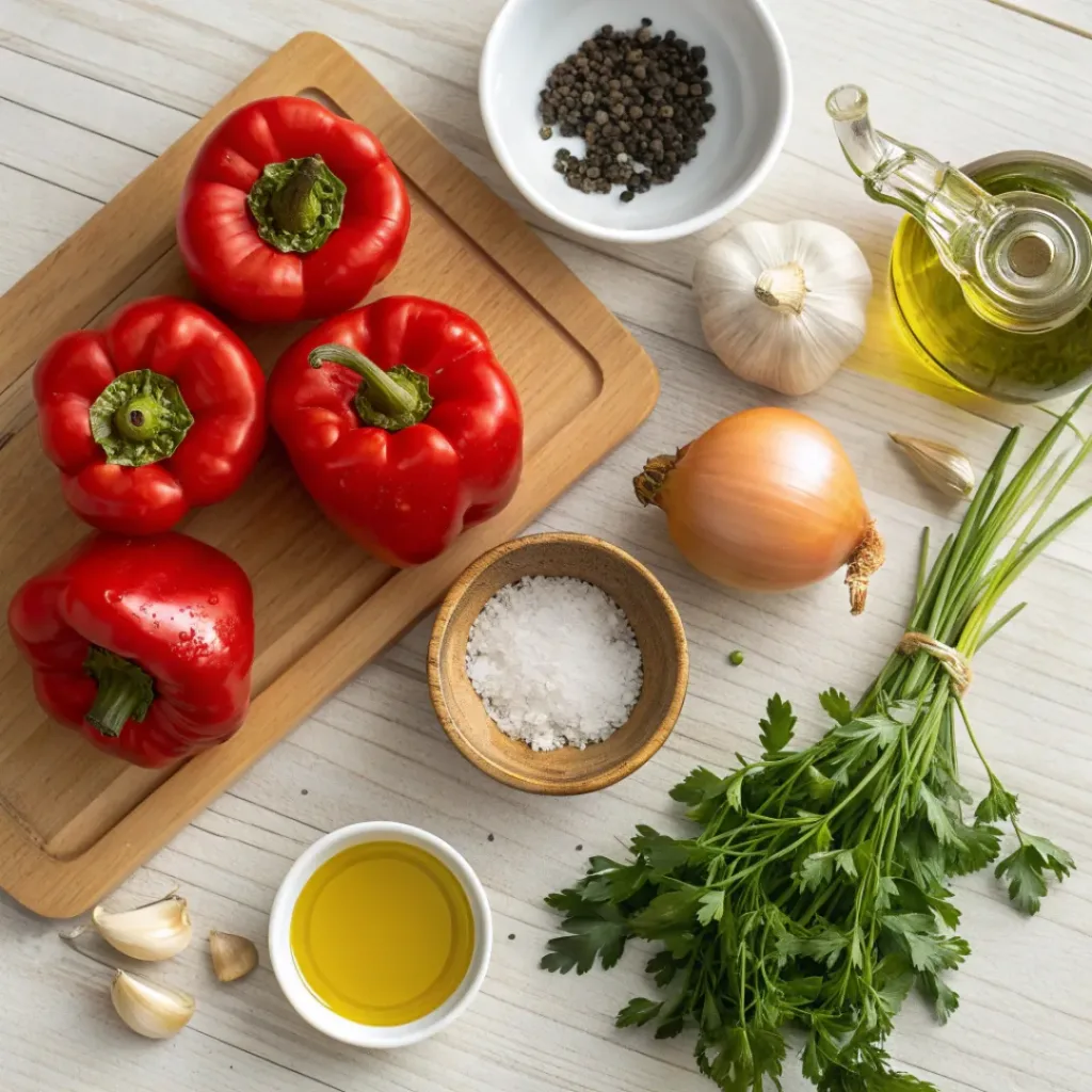 Flat lay of ingredients for roasted red pepper sauce