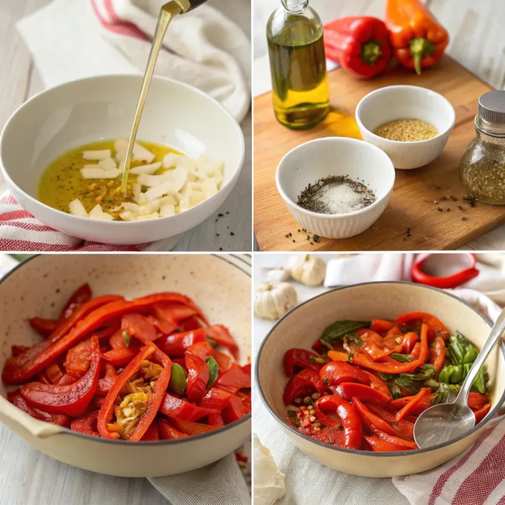 Step-by-step collage showing preparation of roasted red pepper sauce
