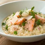 Creamy salmon risotto topped with fresh parsley