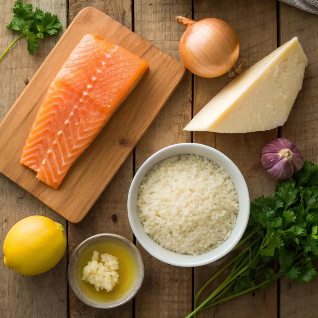 Creamy Salmon Risotto – Italian Comfort Dish 6 Flat lay of ingredients for creamy salmon risotto