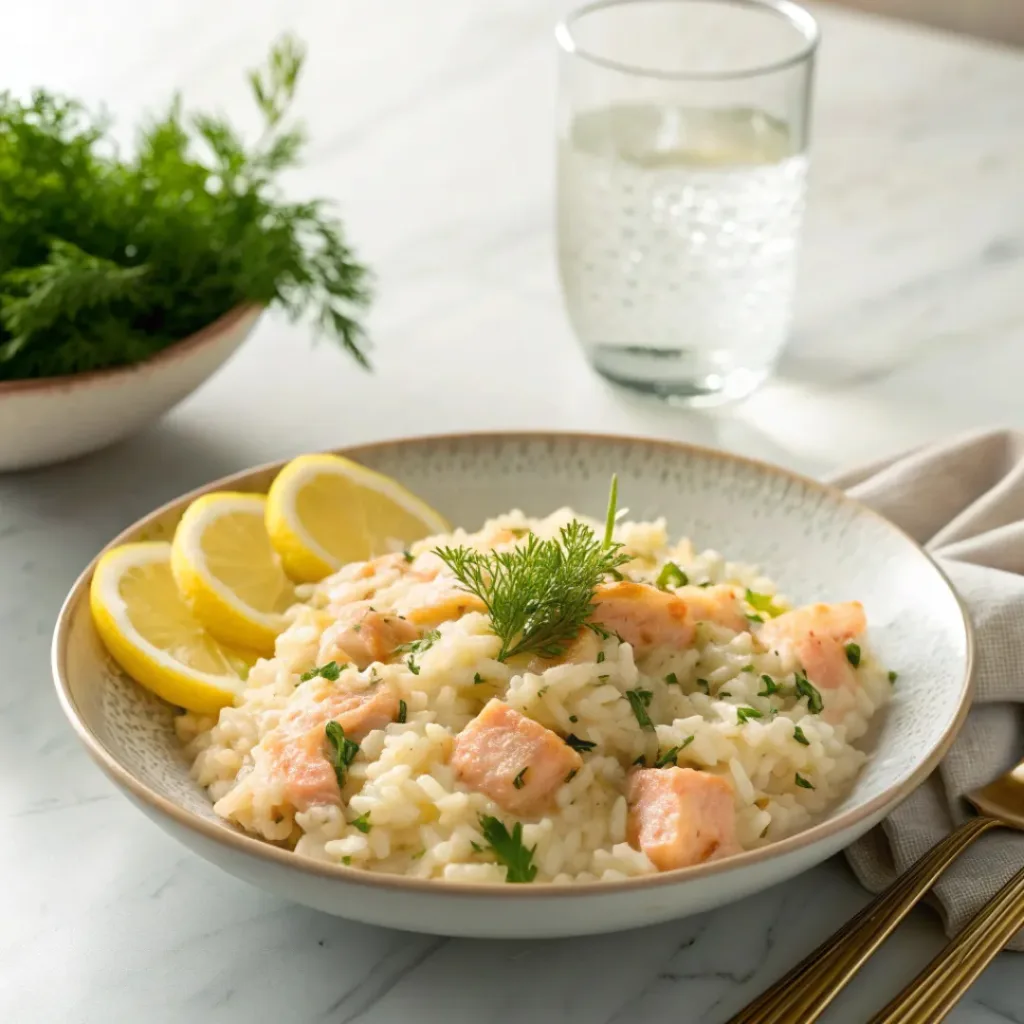 Creamy Salmon Risotto – Italian Comfort Dish 8 Plate of creamy salmon risotto garnished with lemon and herbs