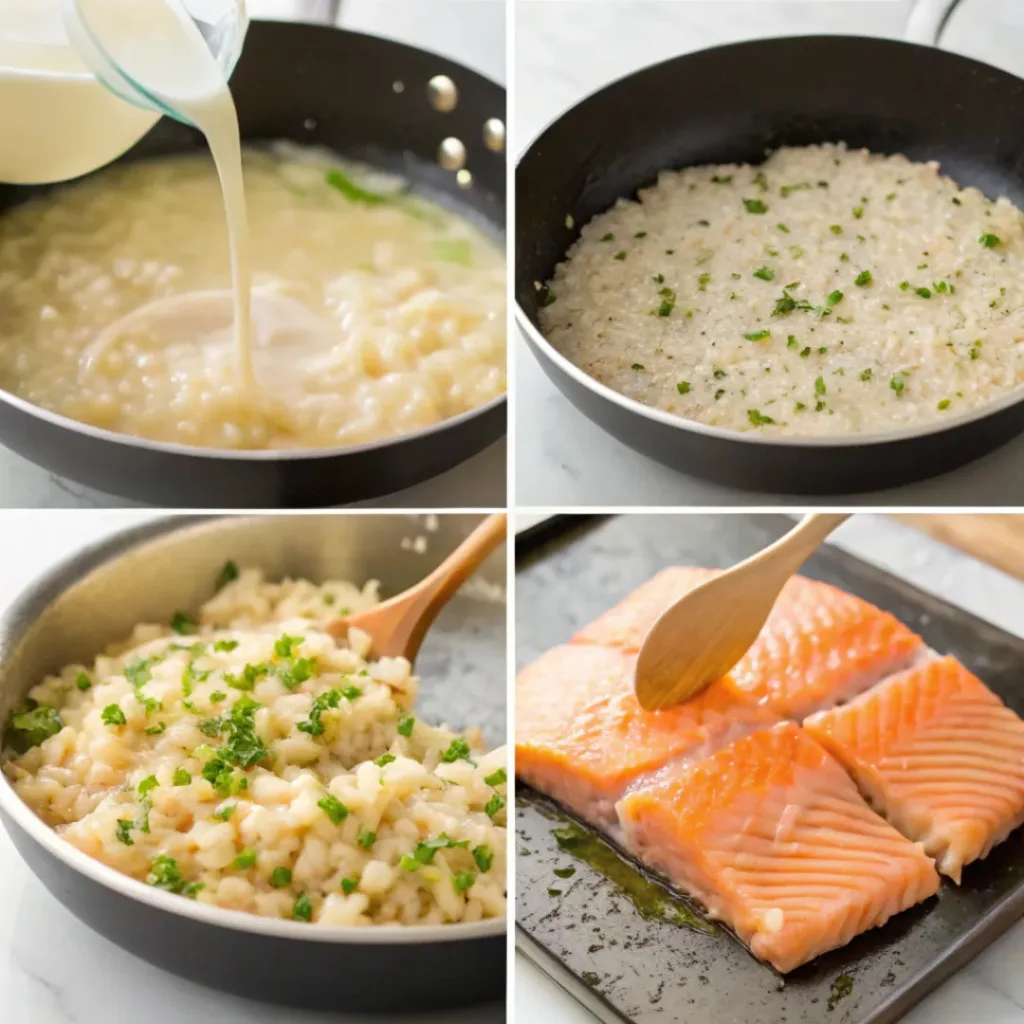 Creamy Salmon Risotto – Italian Comfort Dish 7 Step-by-step collage showing how to cook salmon risotto