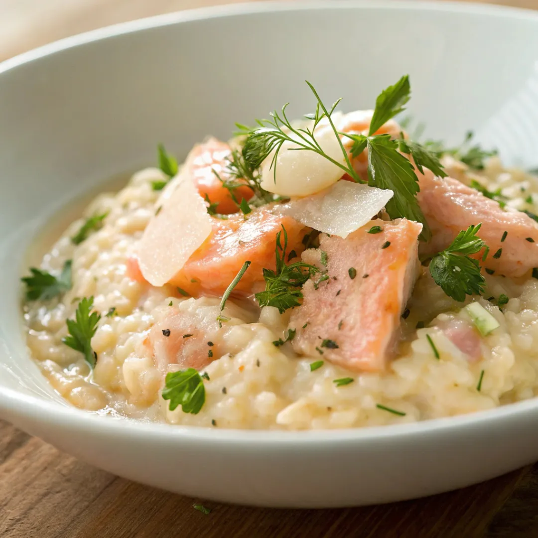 Creamy salmon risotto topped with fresh parsley