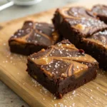 udgy salted caramel brownies stacked on a plate