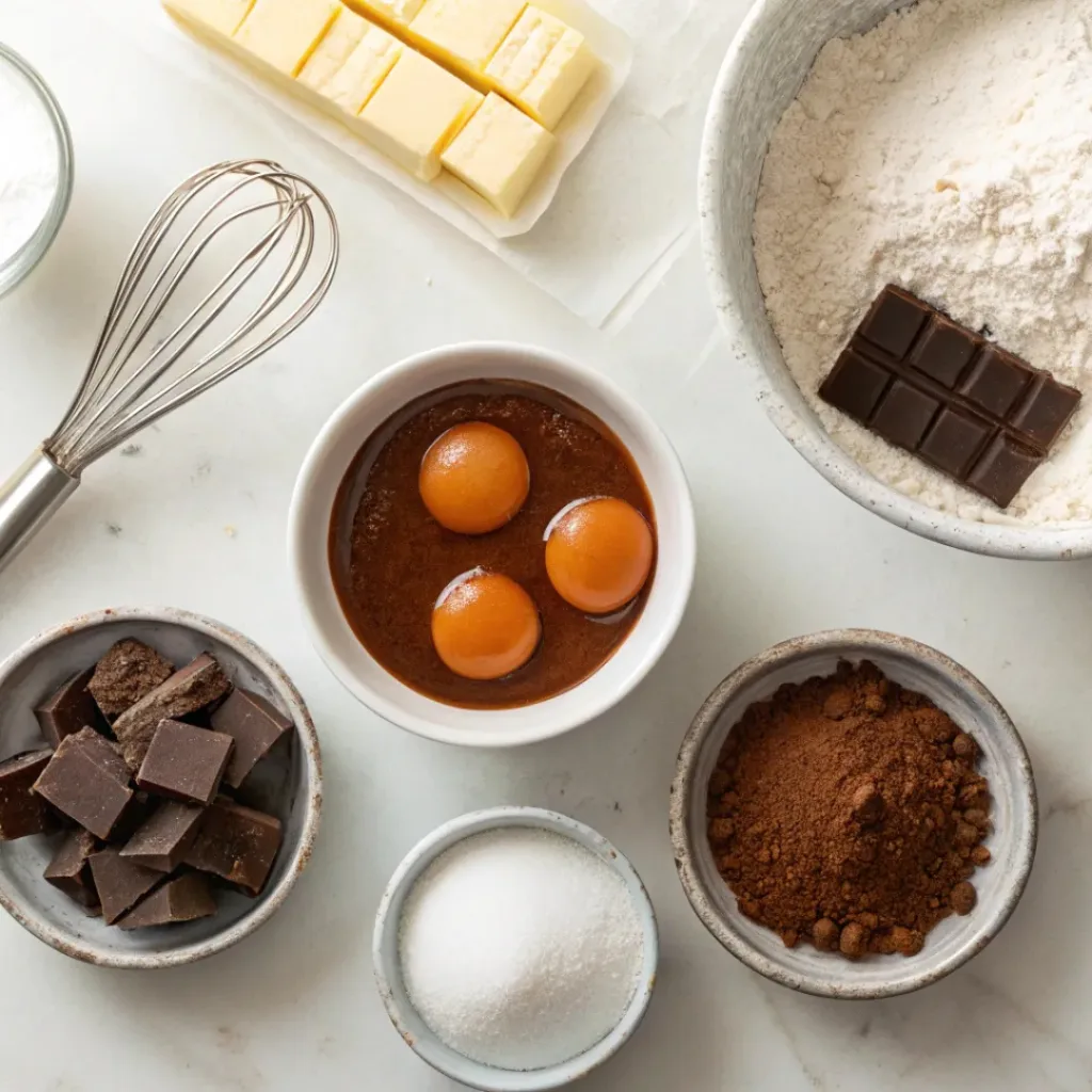 Flat lay of brownie ingredients including chocolate, caramel, butter, and flour