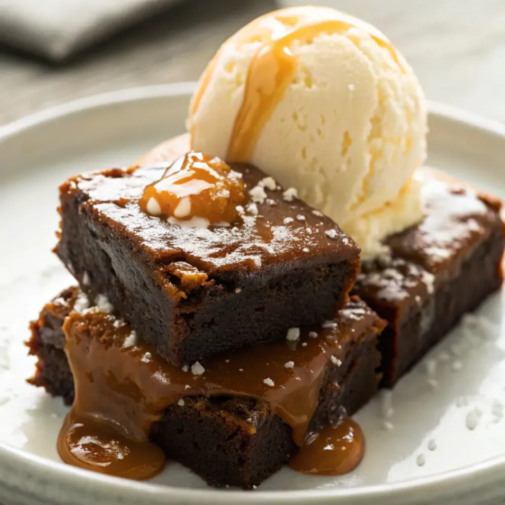Salted caramel brownies served with ice cream