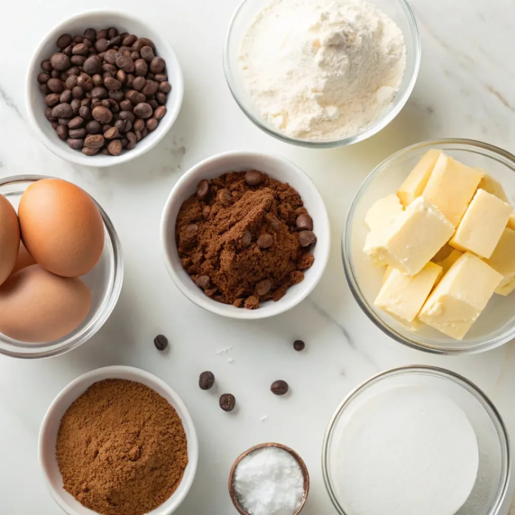 Flat lay of butter, sugar, eggs, flour, cocoa, coffee, and peanuts