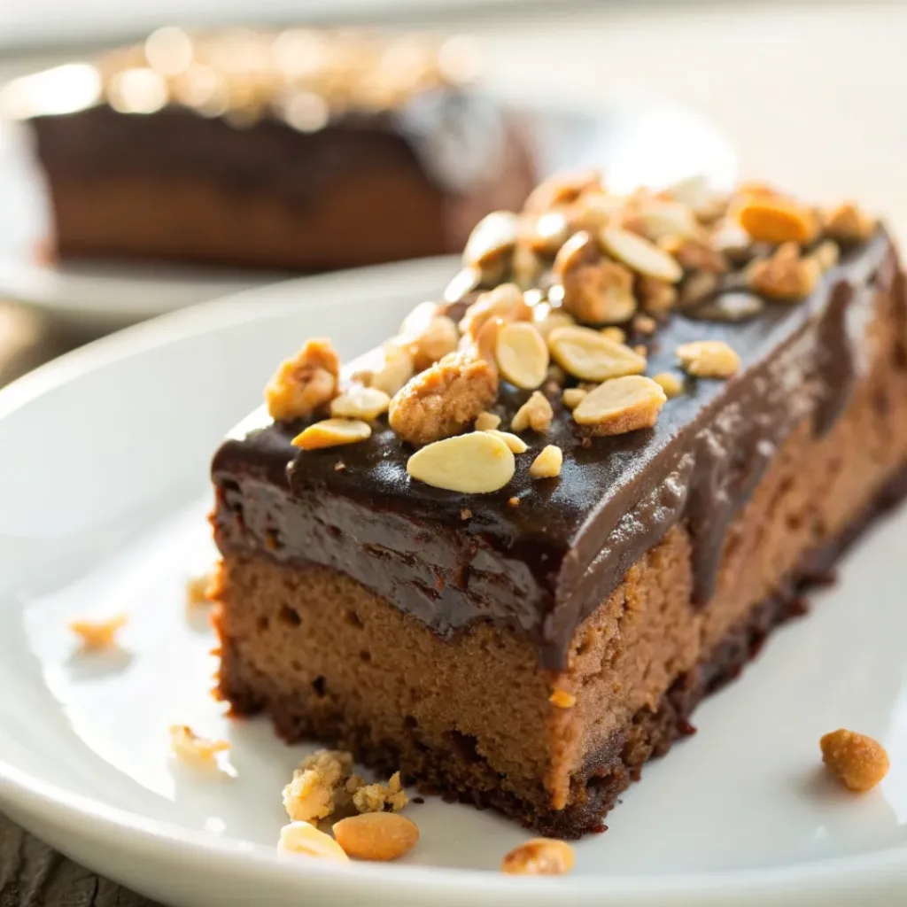 Chocolate peanut cake slice served with coffee or milk