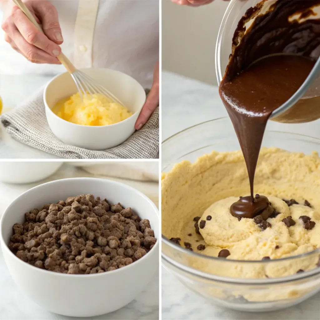 Collage showing steps to make Chocolate Peanut Cake