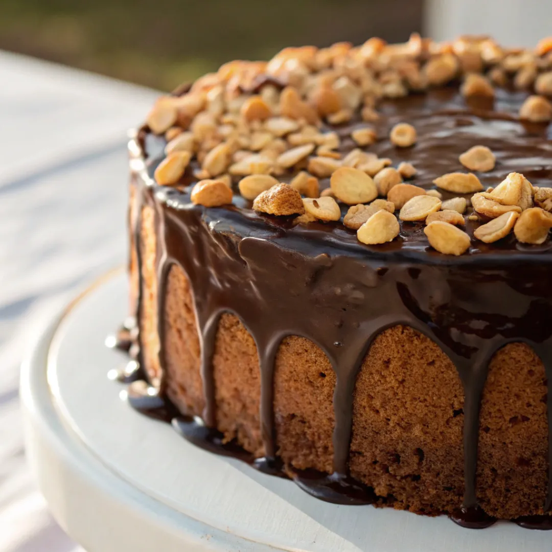 Chocolate peanut cake with glossy chocolate glaze